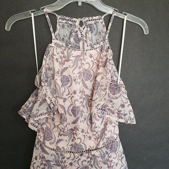 Keepsake Lovers Holiday Floral Ruffled Open Back Lace Trim Asymmetrical Dress - Picture 4 of 15